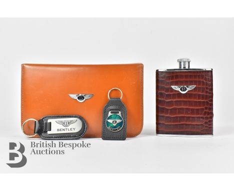 Bentley accessories, including a chrome plated and faux crocodile patterned brown leather 6 fluid ounces drink's flask by W.A