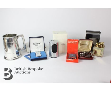 British Leyland automobilia, including a Braun cylindric table lighter with British Leyland insignia, boxed, two individual o