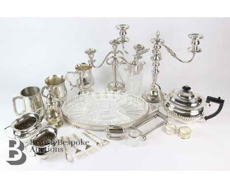 Miscellaneous silver plate including a serving tray with glass inserts approx 42cms, large silver plated candelabra approx 33