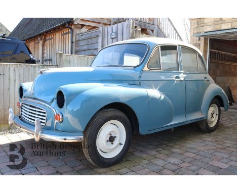 1960 Morris Minor 1000 Cotswold Blue, 64 000. The Morris first registered on 4th February 1960, engine number 9.M.U.H 401469,