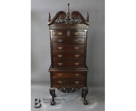 Mahogany canteen chest on chest, in the Chippendale style, the drawers opens to reveal silver plated flatware, approx 157 x 6