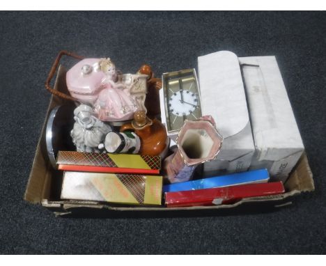 A box of assorted china and miscellany - figures, Maling biscuit barrel, Art Deco mantel clock, brush sets etc 