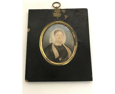 A 19th century portrait miniature - female wearing head scarf 