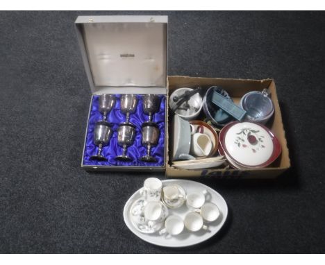 A part Crown Staffordshire tea service, six boxed plated goblets and a box of assorted china 