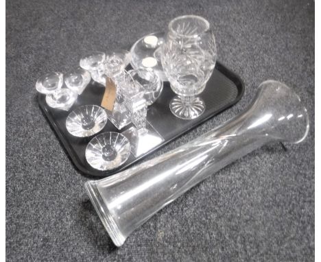 A tray of assorted glass ware and crystal - Stewart Crystal candlesticks, Rogaska tea light holders etc 