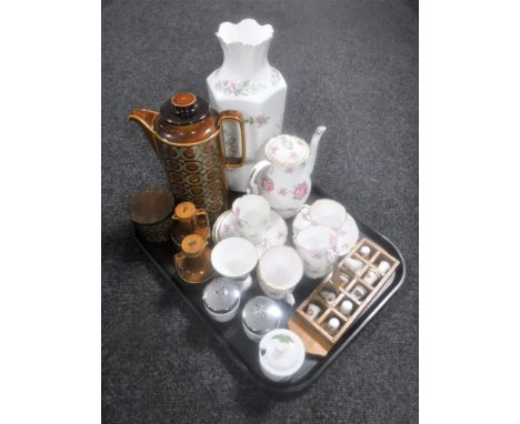 A tray containing a twelve piece Royal Stafford bone china Tudor Rose tea service, Aynsley vase, Hornsea coffee pot, sugar ba