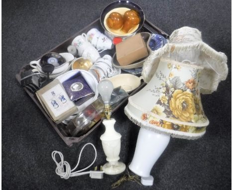 A crate of china, tea services, tureens, marble table lamp with shade 