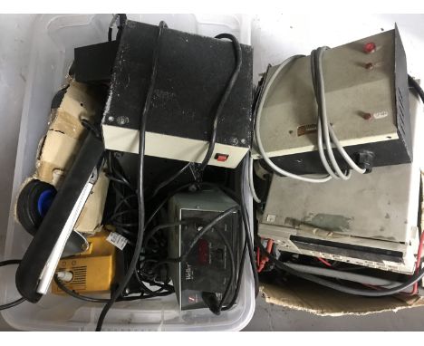 Two boxes of electricals - Dual display multi meter, Weller meter, trolley wheels, angle poised lamp etc 