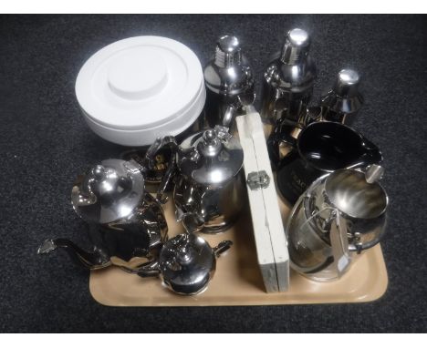 A tray of assorted plated wares - tea service, cocktail shakers, whiskey jug, Scotch whisky ice bucket 