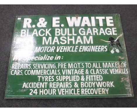 A hand painted sign, R. &amp; E. Waite, Black Bull Garage, Masham