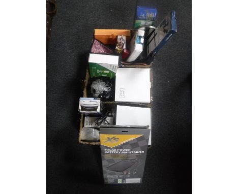 Three boxes of solar power kit, LCD wall bracket, light fittings, Smart metre, surround system etc 