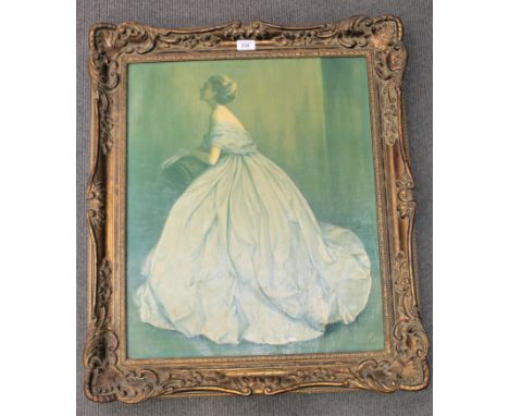 Twentieth Century School : Portrait of a lady in a long blue dress, reproduction in colours and laid to canvas, with the init