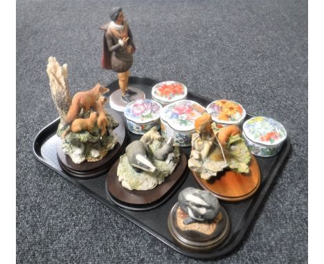 A tray of five lidded china trinket boxes, four Aynsley and Border Fine Arts animals and a Shakespearean Coalport figure 