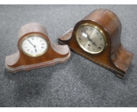 An antique mahogany cased mantel clock and an oak cased mantel clock with silvered dial 