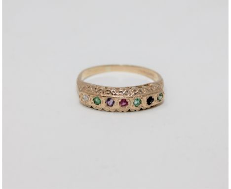 A 9ct gold 'Dearest' ring, set with a diamond, emerald, amethyst, ruby, emerald, sapphire and tourmaline, size N1/2