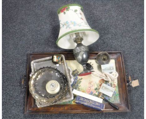An Edwardian oak hand painted twin-handled serving tray, assorted plated wares, boxed John Bull pen, plated table lamp 