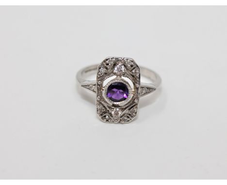 A 9ct gold amethyst and diamond set Art Deco style ring, size N1/2