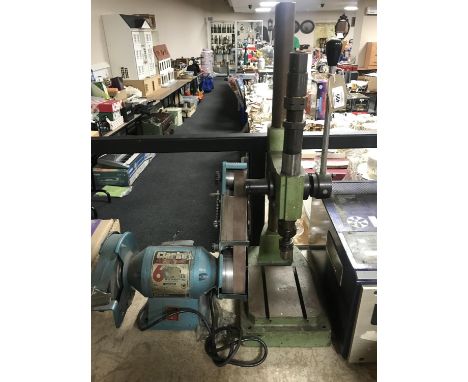 A Clarke 6" bench grinder with sander together with a drill press 