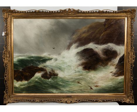PETER GRAHAM RA HRSA (SCOTTISH 1836 - 1921), 
ROARING WATERS 
oil on canvas, signed and dated 1876 
99cm x 144cm (39 x 56 inc