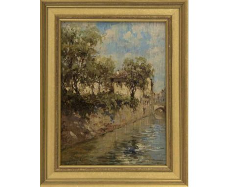 EMANUELE BRUGNOLI (ITALIAN 1859 - 1944),
GARDENS ON A SIDE CANAL, VENICE
oil on panel
35cm x 25.5cm
Framed
