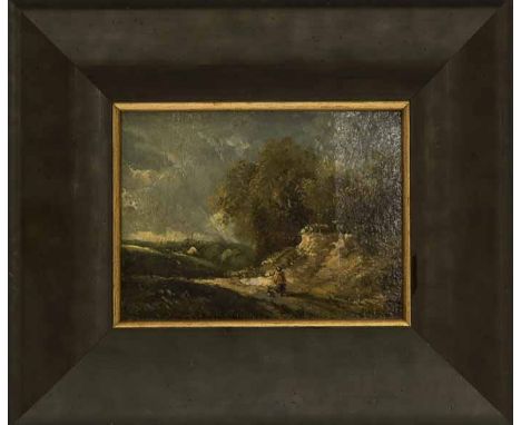 IN THE STYLE OF JOHN CROME (BRITISH 1768 - 1821),
WALK BY THE WOODS
oil on panel, signed 'J. Crowe' and dated 1818
12.5cm x 1