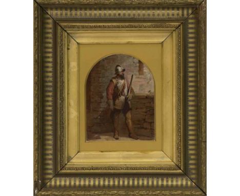ERNEST CROFTS (BRITISH 1847 - 1911),
17TH CENTURY SOLDIER
oil on panel, signed with monogram
18cm x 13.5cm
Mounted in an arch