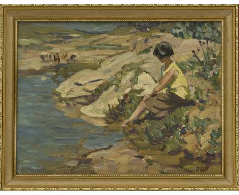 * DOROTHEA SHARP RBA ROI VPSWA (BRITISH 1874 - 1955),
WOMAN WASHING, VENCE, FRANCE
oil on panel, signed with initials
26.5cm 
