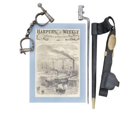 A SOCKET BAYONET, A PAIR OF IRON HAND CUFFS AND HARPER'S WEEKLY, 1862 the first, of hollow T-section, stamped 'U.S. at the fo