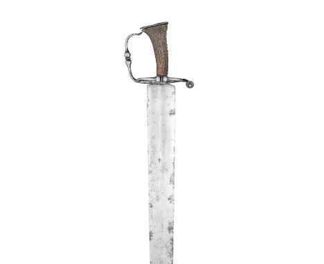 A GERMAN HUNTING SWORD, 17TH CENTURY with earlier broad tapering blade formed with a shallow central fuller and cut with a la