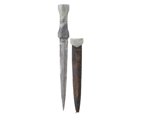 AN INDIAN JADE-HILTED DAGGER, 19TH CENTURY with straight double-edged blade of watered steel, formed with a long slender cent