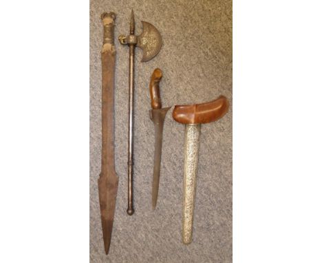 AN INDIAN AXE, A MALAYSIAN SHORTSWORD (KERIS) AND AN ORIENTAL SWORD, 19TH/20TH CENTURY the first with crescentic blade decora