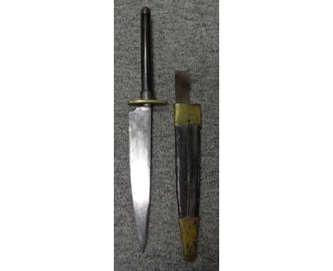 A CONTINENTAL PLUG BAYONET, 19TH CENTURY with tapering blade double-edged towards the point, oval brass cross-piece, cylindri