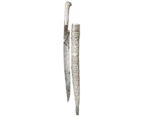 **A BALKAN SILVER-MOUNTED SHORTSWORD (YATAGHAN), 19TH CENTURY with curved single-edge blade incised with a decorative panel i