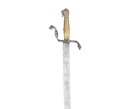 A GERMAN MILITARY SABRE, EARLY 17TH CENTURY with associated curved blade double-edged towards the point, formed with a long s