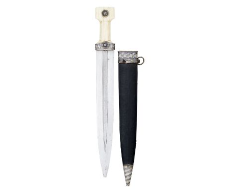 ##A CAUCASIAN SHORTSWORD (KINDJAL), LATE 19TH CENTURY with broad blade formed with a pair of etched long slender fullers on e