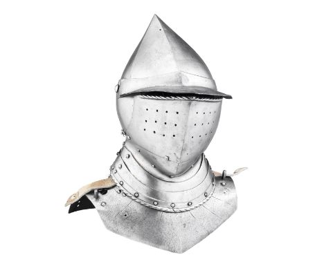 **A SOUTH GERMAN CLOSE HELMET AND COLLAR, THIRD QUARTER OF THE 16TH CENTURY the first with a skull formed in one piece with s