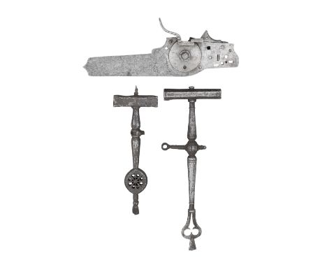 A GERMAN DETACHED WHEEL-LOCK MECHANISM, EARLY 18TH CENTURY AND TWO COMBINED WHEEL-LOCK SPANNERS AND TURNSCREWS, 17TH CENTURY 