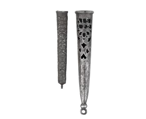 A GERMAN IRON SCABBARD FOR A DAGGER, 17TH CENTURY AND ANOTHER, DATED 1723 the first formed in one piece, of tapering circular