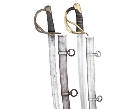 TWO MODEL 1840 CAVALRY SWORDS the first with German blade by W. Claberg, Solingen, brass hilt retaining a portion of early le