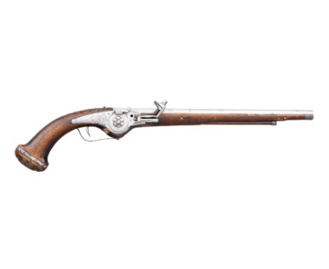 A 32 BORE GERMAN WHEEL-LOCK HOLSTER PISTOL, MID-17TH CENTURY with tapering barrel formed in two stages and struck with proof 