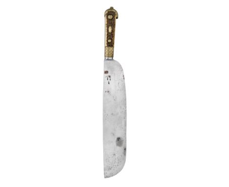 A GERMAN HUNTING KNIFE, 17TH/18TH CENTURY with heavy single-edged cleaver-shaped blade, struck three-times with the cutler's 