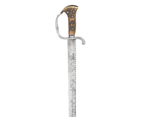 A GERMAN HUNTING SWORD, 18TH CENTURY with broad blade formed with a serrated back-edge and a long slender fuller on each face