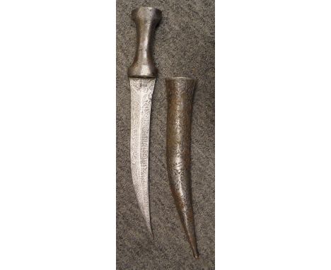 AN INDO-PERSIAN DAGGER (JAMBIYA), LATE 19TH CENTURY with double-edged blade etched with calligraphy on each face, characteris