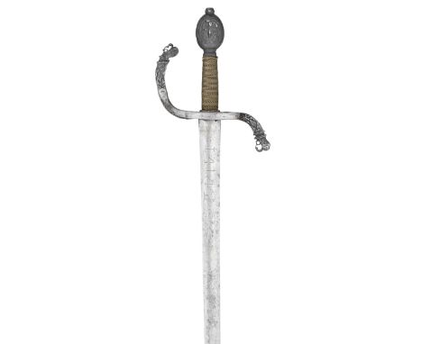 A HUNTING SWORD WITH FINELY CHISELLED IRON HILT, MID-17TH CENTURY AND LATER with broad double-edged 18th century blade etched