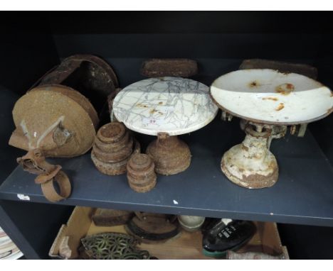 A selection of vintage kitchen scales weights and lamp