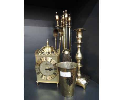 A selection of brassware including Junghans clock and 19th Century style candlestick
