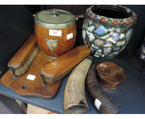 A selection of miscellaneous including mosaic planter, oak biscuit barrel, horns etc