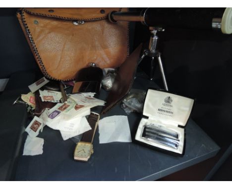 A portable telescope and a selection of misc including Rotary watch , Ronson lighter, coins etc