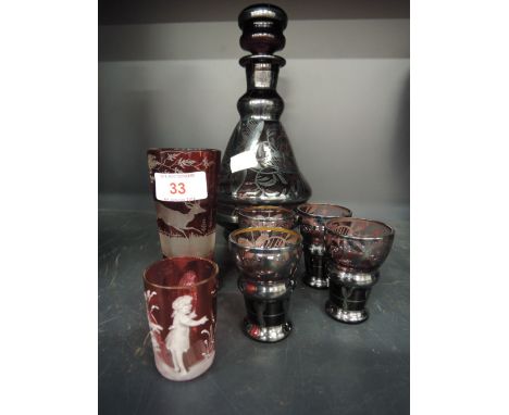 A selection of antique glass including Mary Gregory style and a Bohemian decanter and glasses