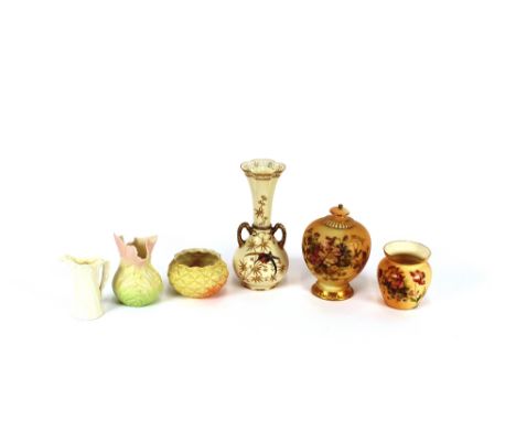 A collection of Royal Worcester porcelain posy vases, having floral decoration on blush and ivory grounds; and a blanc de chi